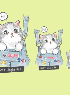 可爱卡通猫咪牛仔吊带胶印图案贴时尚女装童装衣服热转印印花烫画