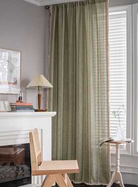 伊缦琪韵窗帘成品条纹绣花绿色纯色撞色厨房帘乡村风格半遮光飘窗