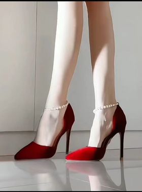 红色高跟鞋女细跟2024新款法式珍珠尖头婚鞋气质新娘鞋配秀禾单鞋