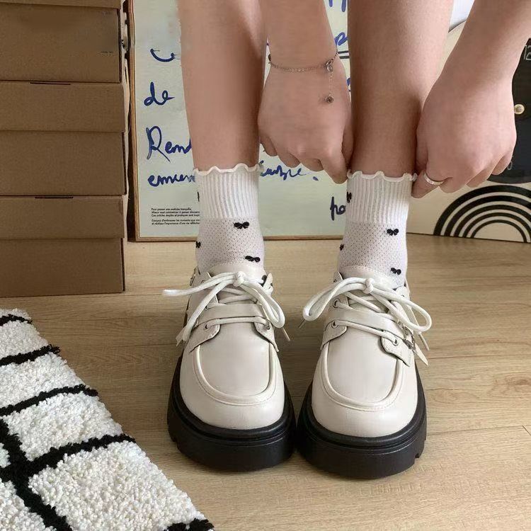 百搭圆头系带单鞋黑色JK小皮鞋女厚底英伦风松糕乐福鞋2024新款春