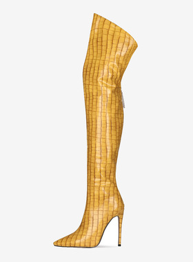 2022秋冬新款细跟过膝长靴黄色后拉链时尚女鞋大码鳄鱼纹女靴43码