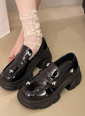 英伦风真皮黑色小皮鞋2025秋冬新款粗跟蝴蝶乐福鞋女增高厚底