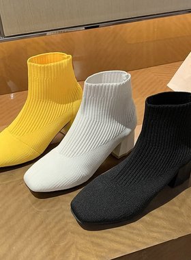 Z白色飞织瘦瘦靴女2024新款高跟短靴时尚粗跟马丁靴针织弹力袜靴