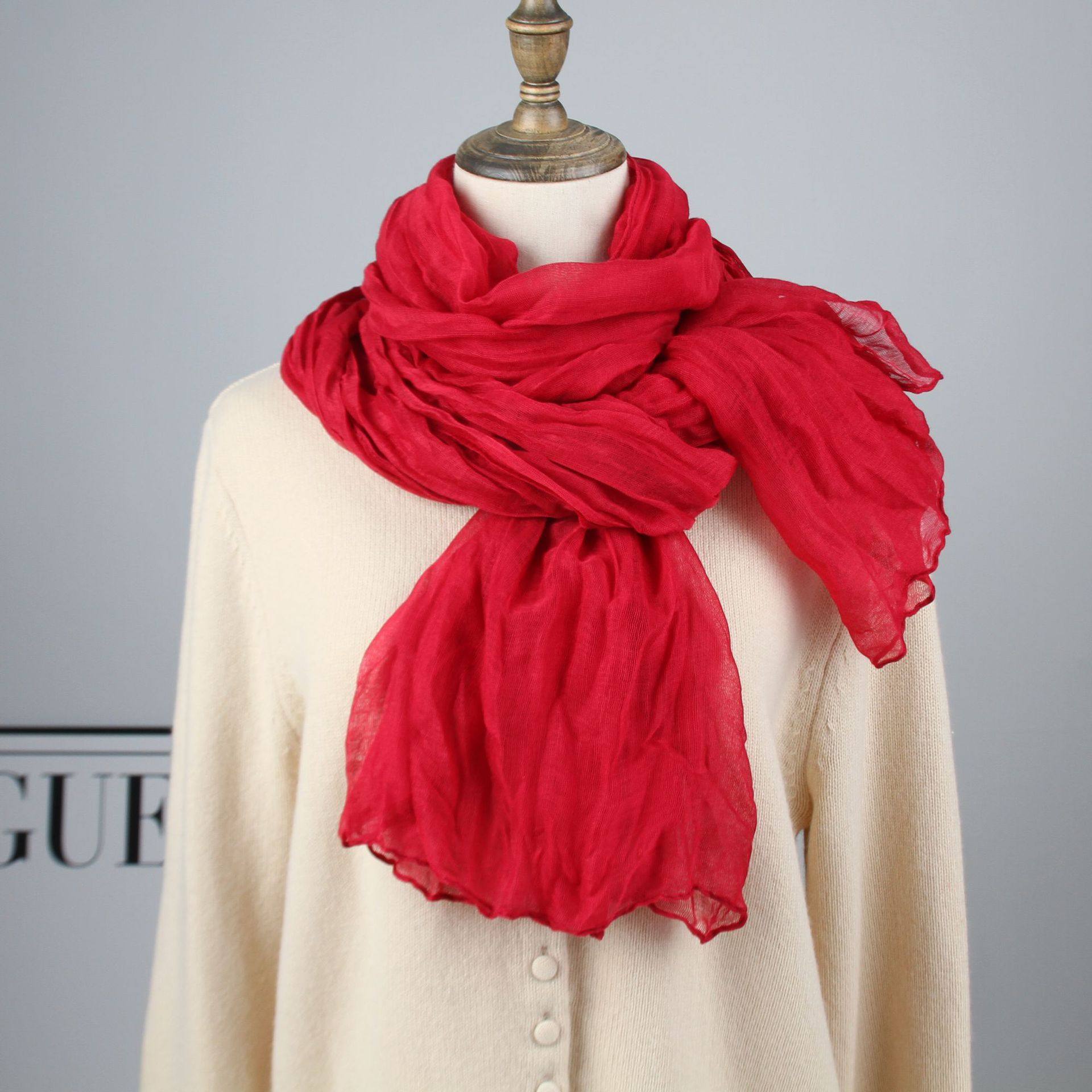 新款春季韩版巴厘纱褶皱围巾纯色简约百搭长薄款披肩围脖女丝巾