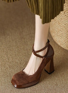 增高款复古玛丽珍不累脚黑色高跟鞋粗跟2024春秋新款法式单鞋