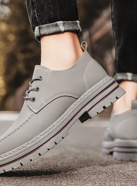 工装男鞋春秋2024新款秋季黑色休闲大头皮鞋厚底低帮劳保马丁潮鞋