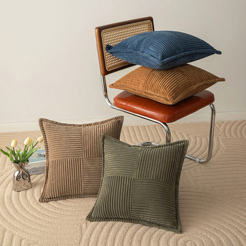 灯芯绒拼接抱枕套纯色田字格包边靠枕套包边客厅沙发腰枕靠垫套