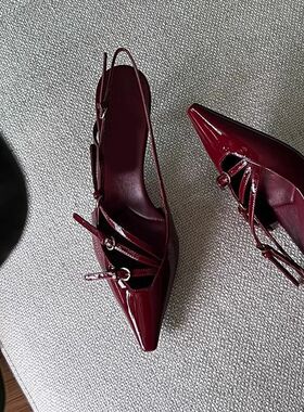 网红同款尖头后空测绑带高跟鞋2025绝美性感百搭红色小猫跟凉鞋女