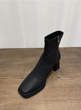 高跟靴子女粗跟白色瘦瘦靴2024年新款秋季法式小踝靴时尚方头短靴