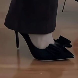 高级感时尚高跟鞋女夏季新款尖头细跟黑色气质名媛法式小个子凉鞋