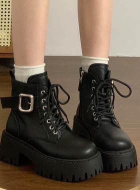 厚底英伦风马丁靴女款2025秋季新款网红爆款小个子增高黑色短