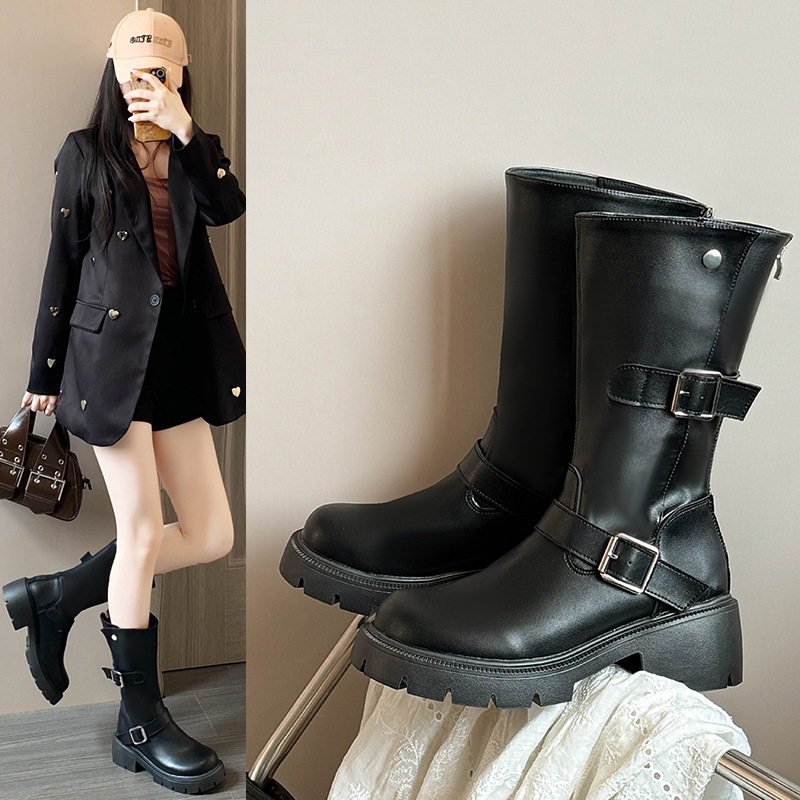 2025冬季新款黑色复古圆头厚底粗跟女式中筒骑士靴日常休闲PU皮靴