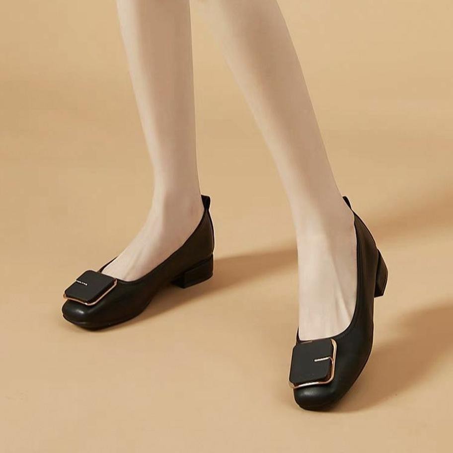 现货粗跟浅口乐福鞋时尚甜酷工作单鞋女2025春夏季新款外贸妈妈鞋