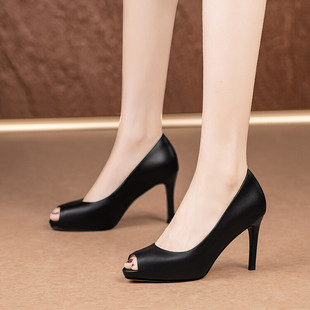 8cm高跟鞋牛皮黑色鱼嘴浅口单鞋防水台细跟凉鞋气质女鞋白色夏天