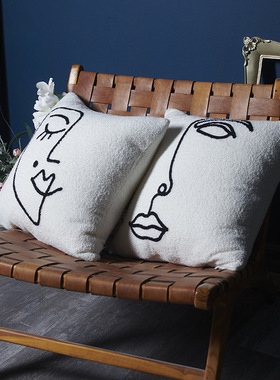 旭爱人脸简笔线条刺绣靠枕套靠垫套泰迪绒沙发客厅抽象床头抱枕套
