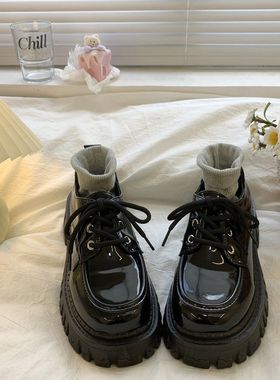 黑色厚底增高系带小皮鞋女2022年秋冬季新款复古英伦风百搭加绒单