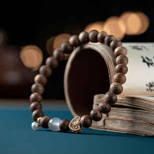 保真老料芽庄白奇楠沉香手链女九分沉水古风珍珠白玉南红女款 手串