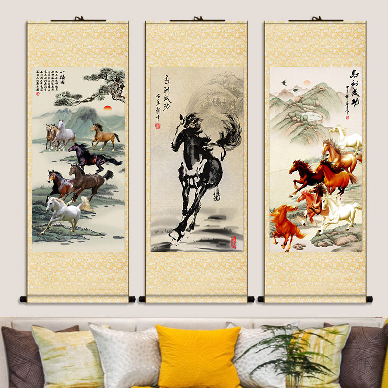 现货速发徐悲鸿马图马到成功骏马办公室字画客厅装饰画国画卷轴玄