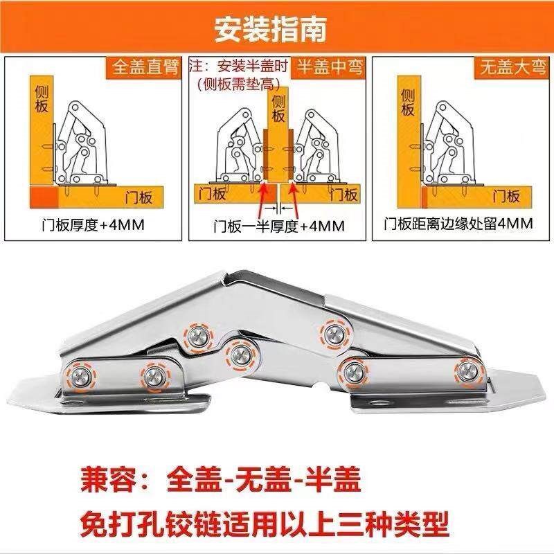 速发门合页厨房柜子门合页液压缓冲阻尼折叠神器免开孔不锈钢橱柜