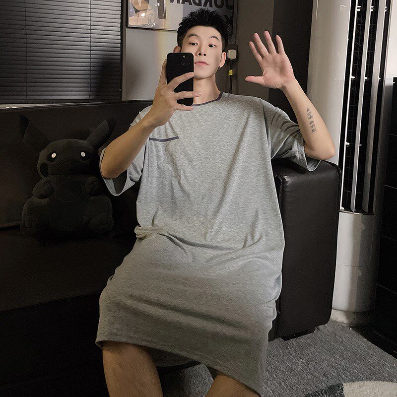 速发男夏季睡裙一体式薄款纯棉长款睡衣夏天大码宽松休闲睡袍浴袍