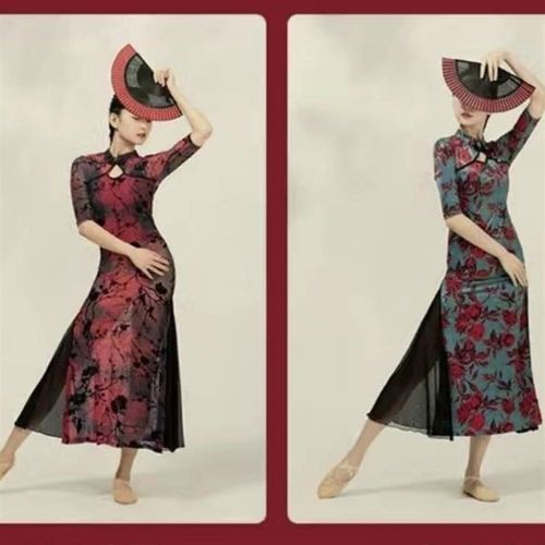 速发弹力舞旗蹈袍古典舞士丁舞跳舞爵拉古风古典长款飘逸印花