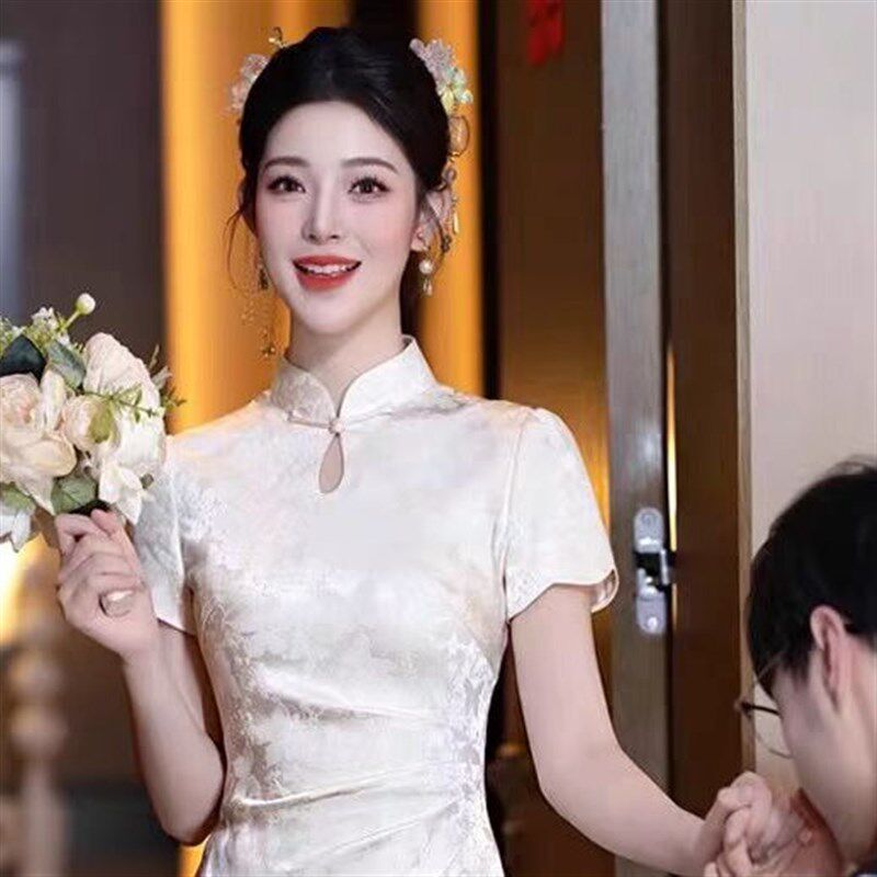 速发新中式改良旗袍敬酒服晨袍新娘订婚结婚礼服香槟色领证登记连