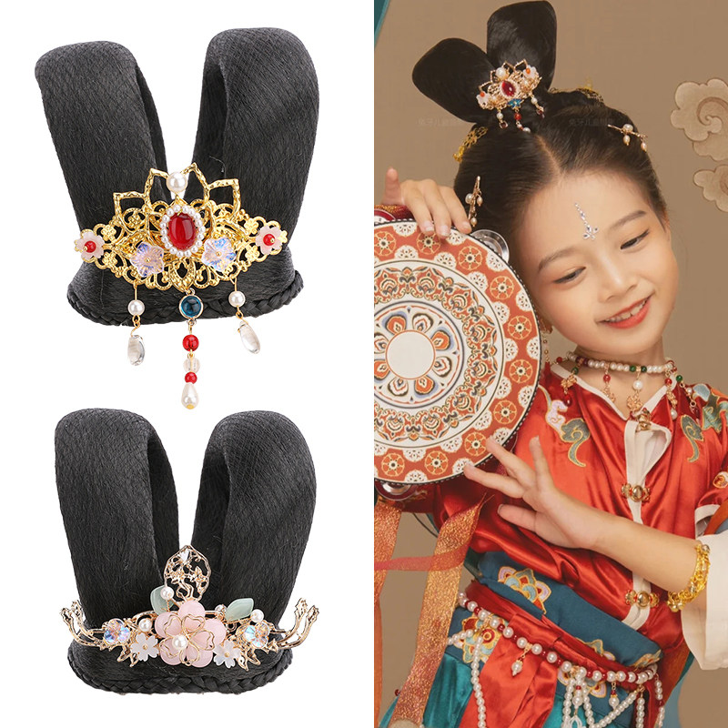 现货速发汉服头饰假发发髻古装童古风儿童舞蹈造型古典飞天演出ET