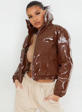 速发Fashio Cute Wo Bright PU Pik Puffer Jaet Witer Wm