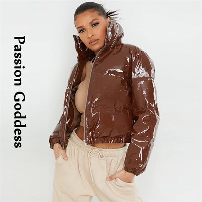 速发Fashio Cute Wo Bright PU Pik Puffer Jaet Witer Wm