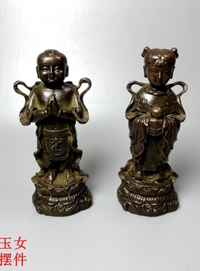 速发纯铜金饰玉摆件散财童子龙佛像童男童一对铜像家居装童摆设