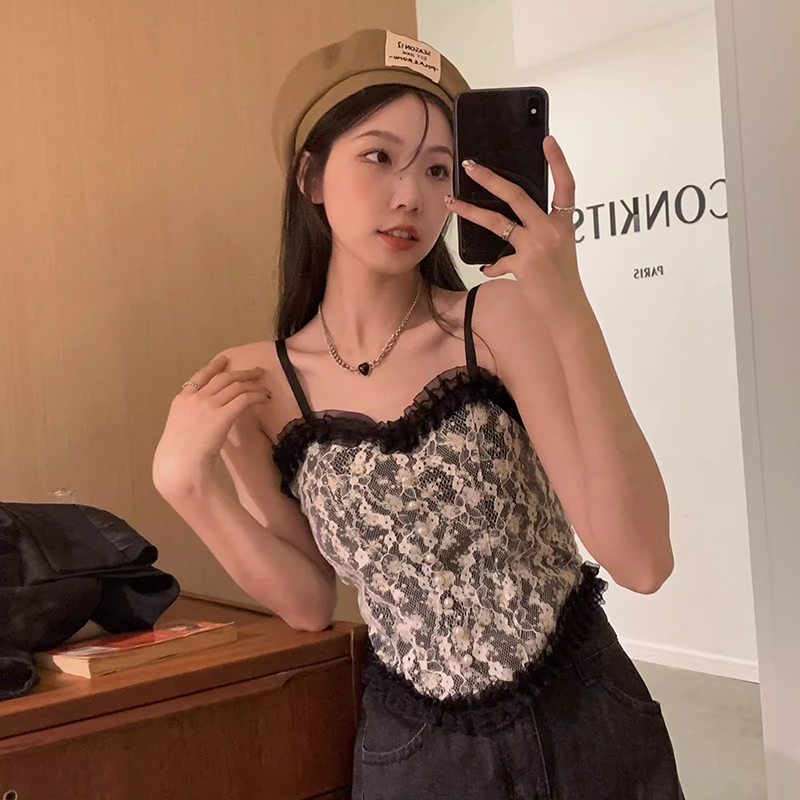 速发大码碎花蕾丝吊带背心外穿带胸垫美背内衣法式鱼骨内搭上衣