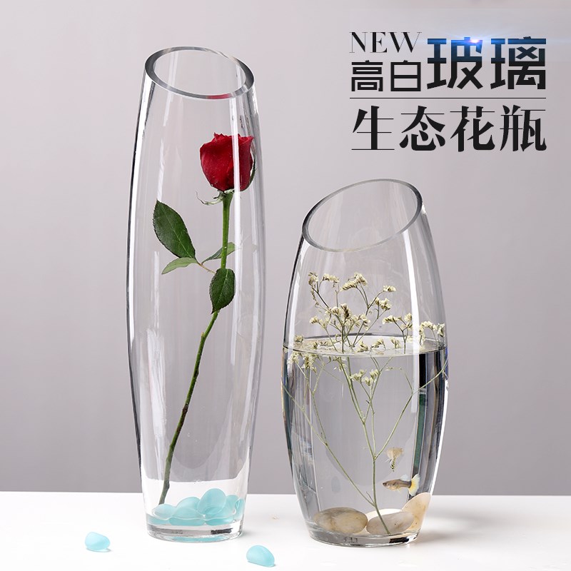 现货速发透明玻璃花瓶创意炮弹造型斜口干花插花花器客厅富贵竹装