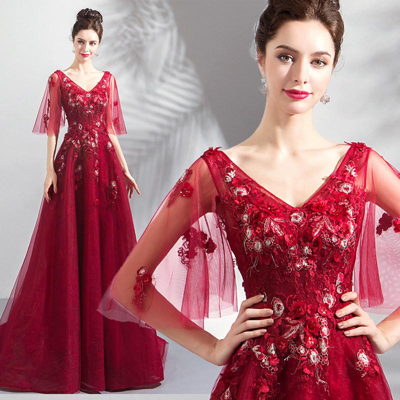 速发 酒红色深V领长袖敬酒服新8答谢娘婚纱晚礼服77宴6