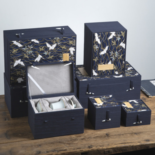 速发仙鹤盖碗紫砂茶壶二档六杯包装盒布礼品盒高四壶承瓷盘空礼盒