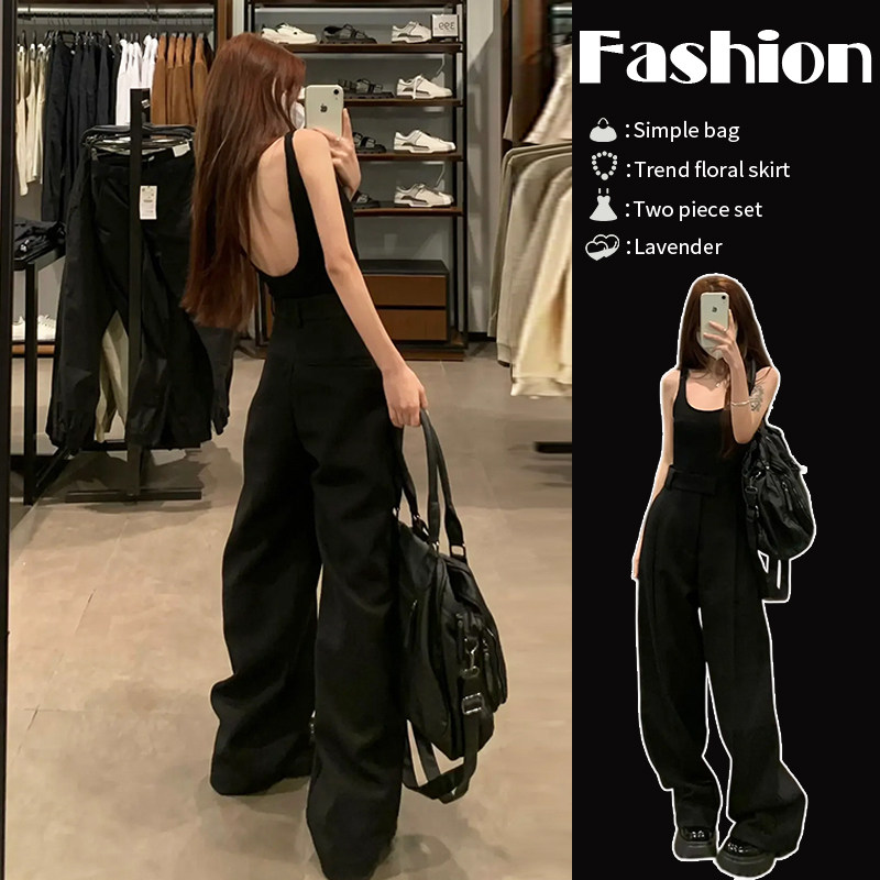 速发黑色连体背心吊带上衣新2高腰阔腿休闲裤子20式美款小个子