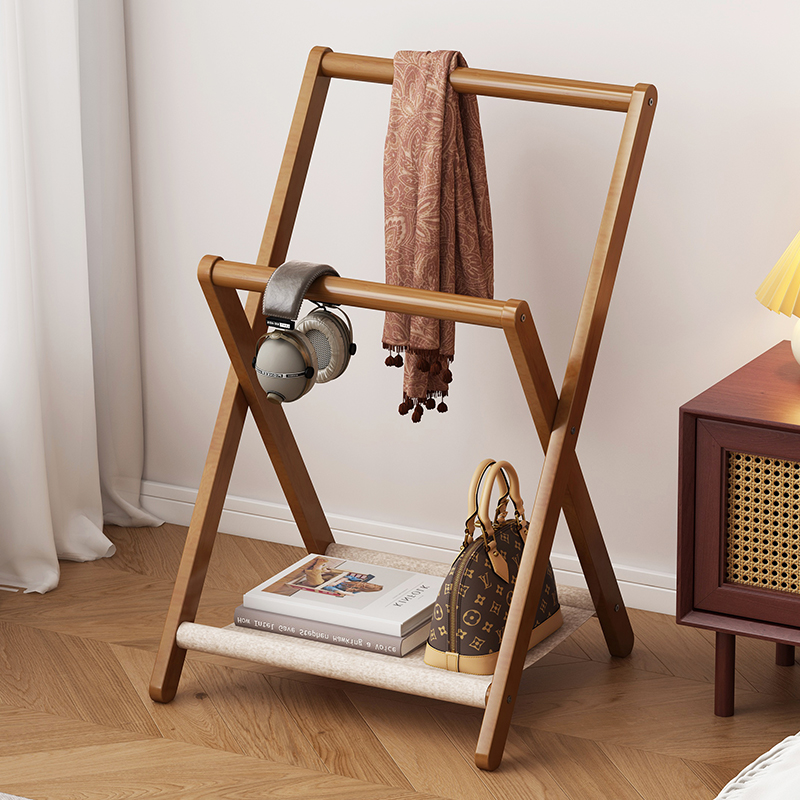 速发家用卧室落地帽头型可折叠衣式架床小衣物置物架宿舍用实木挂
