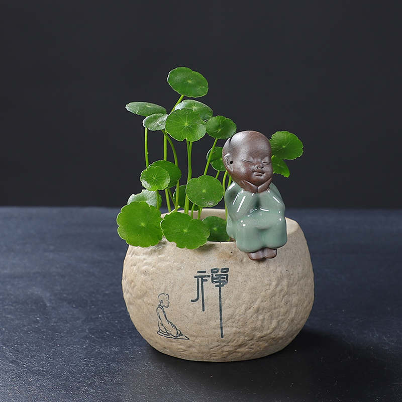 速发禅意花式粗陶小花器陶瓷水培中盆小和尚摆件桌面家居盆植花绿