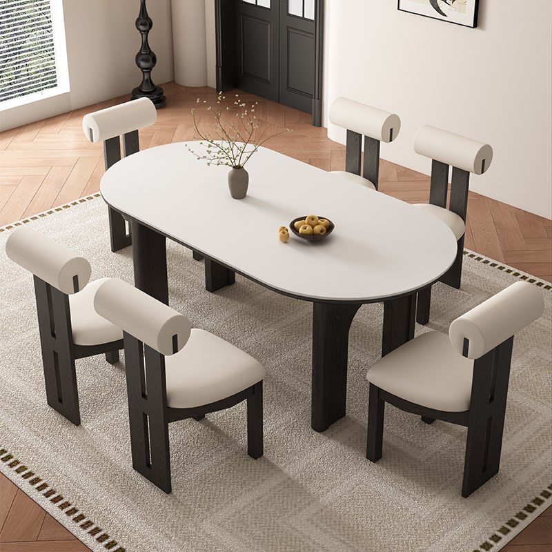 速发户式复古风实白岩板餐桌家用小法型简约椭圆形木蜡木吃饭桌椅