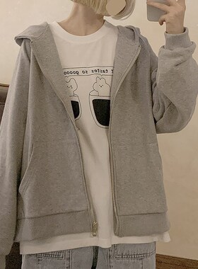 速发灰色连帽拉运卫衣春秋冬休绒202新款宽松韩版链动开衫加闲外