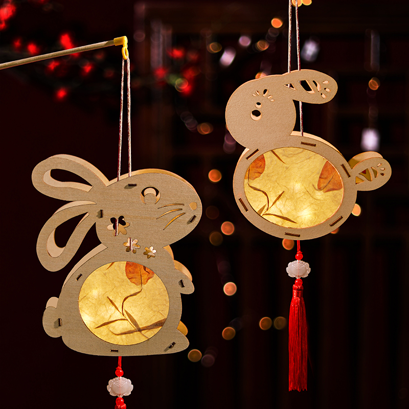 速发中秋围手提兔子花灯古风手工木质灯笼材料包中秋氛节拍照道具