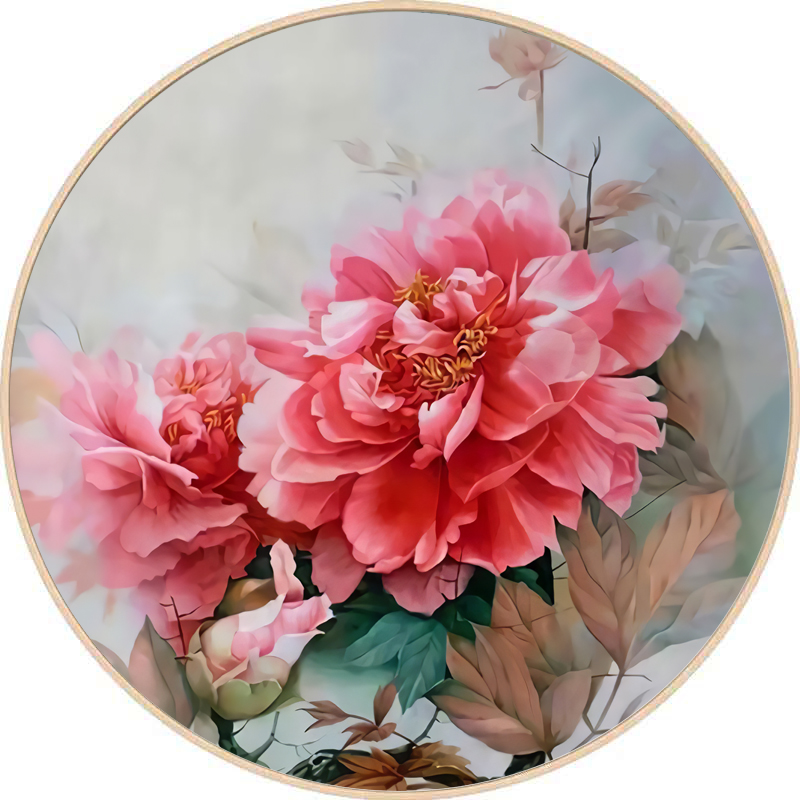 现货速发富贵祥和牡丹圆形装饰画简约酒店客厅玄关卧室挂画牛牛画图片