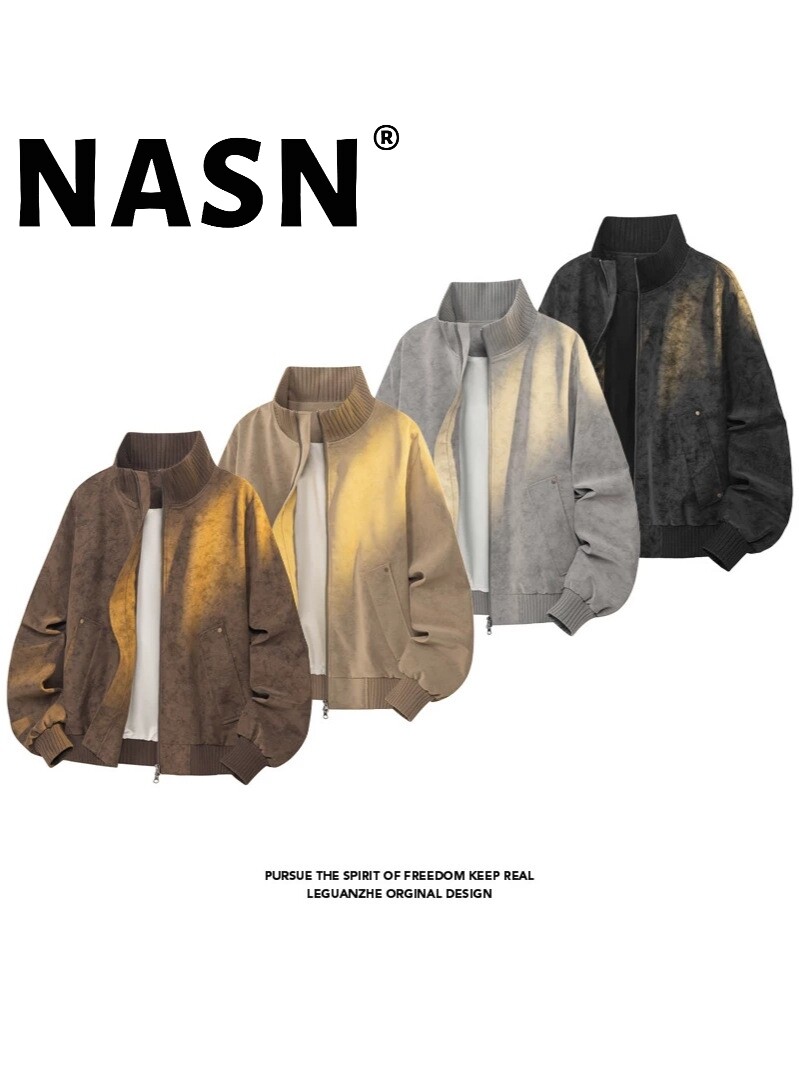 NASN美式复古飞行夹克外套男春秋季短款boxy雾面扎染痞帅立领皮衣