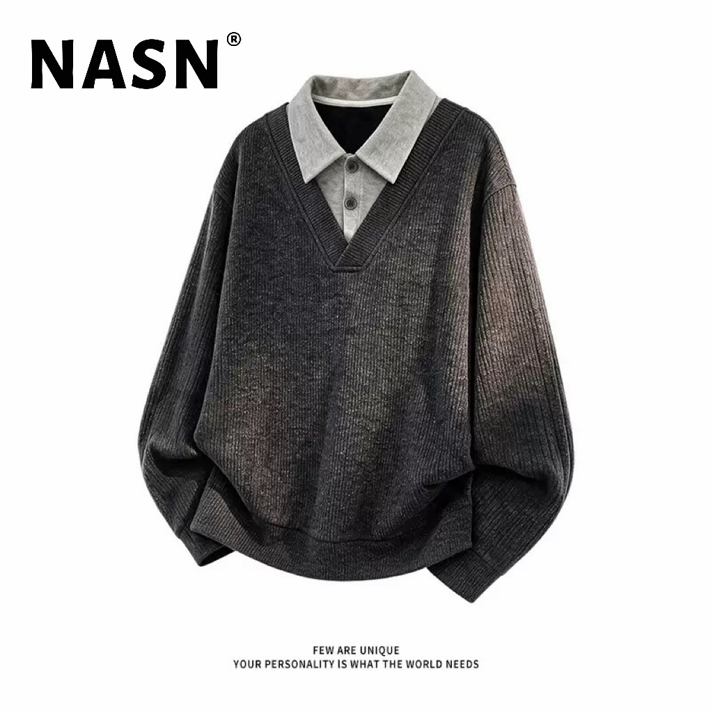 NASN美式复古针织卫衣2026秋季新款polo领拼接撞色假两件长袖上衣