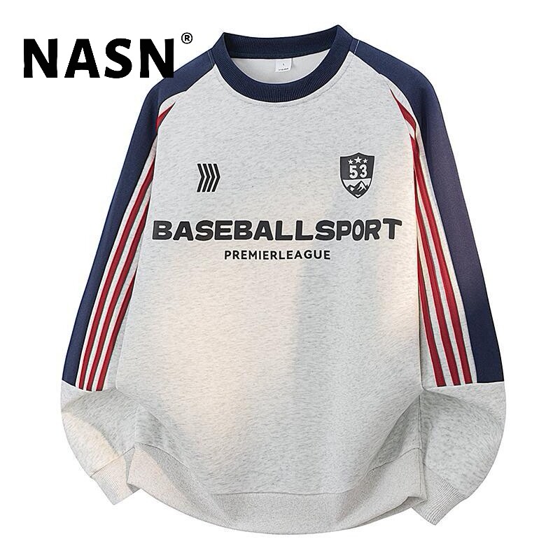 NASN美式复古三条杠圆领卫衣男秋冬新款潮牌宽松休闲情侣套头卫衣