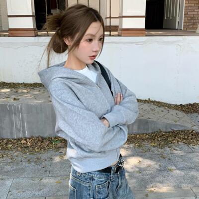 番茄妹妹Tomatosister美式复古基础纯色休闲拉链开衫短款卫衣外套