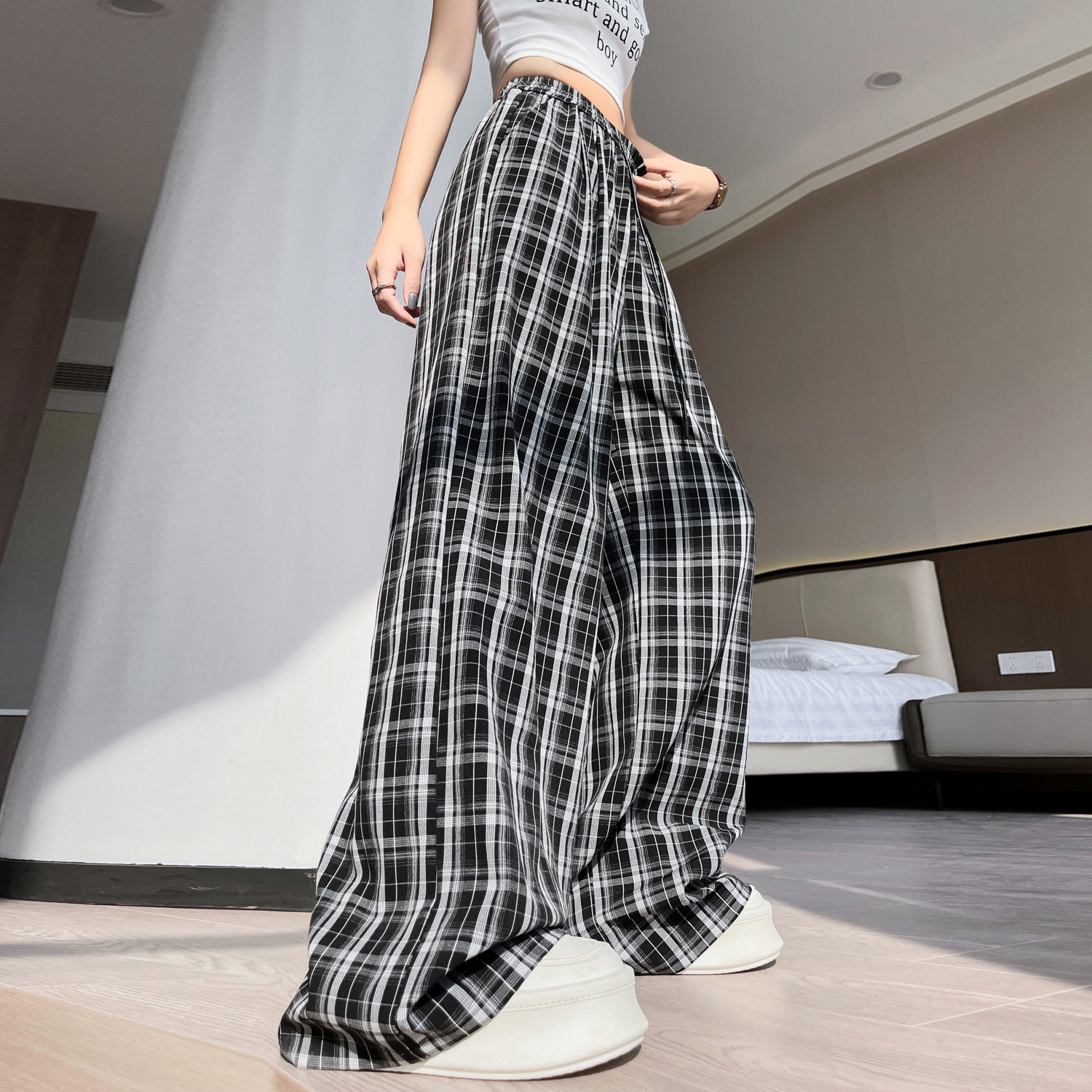 2024夏季新款休闲百搭中高腰显瘦时尚宽松黑白格子男女裤#S2氨纶
