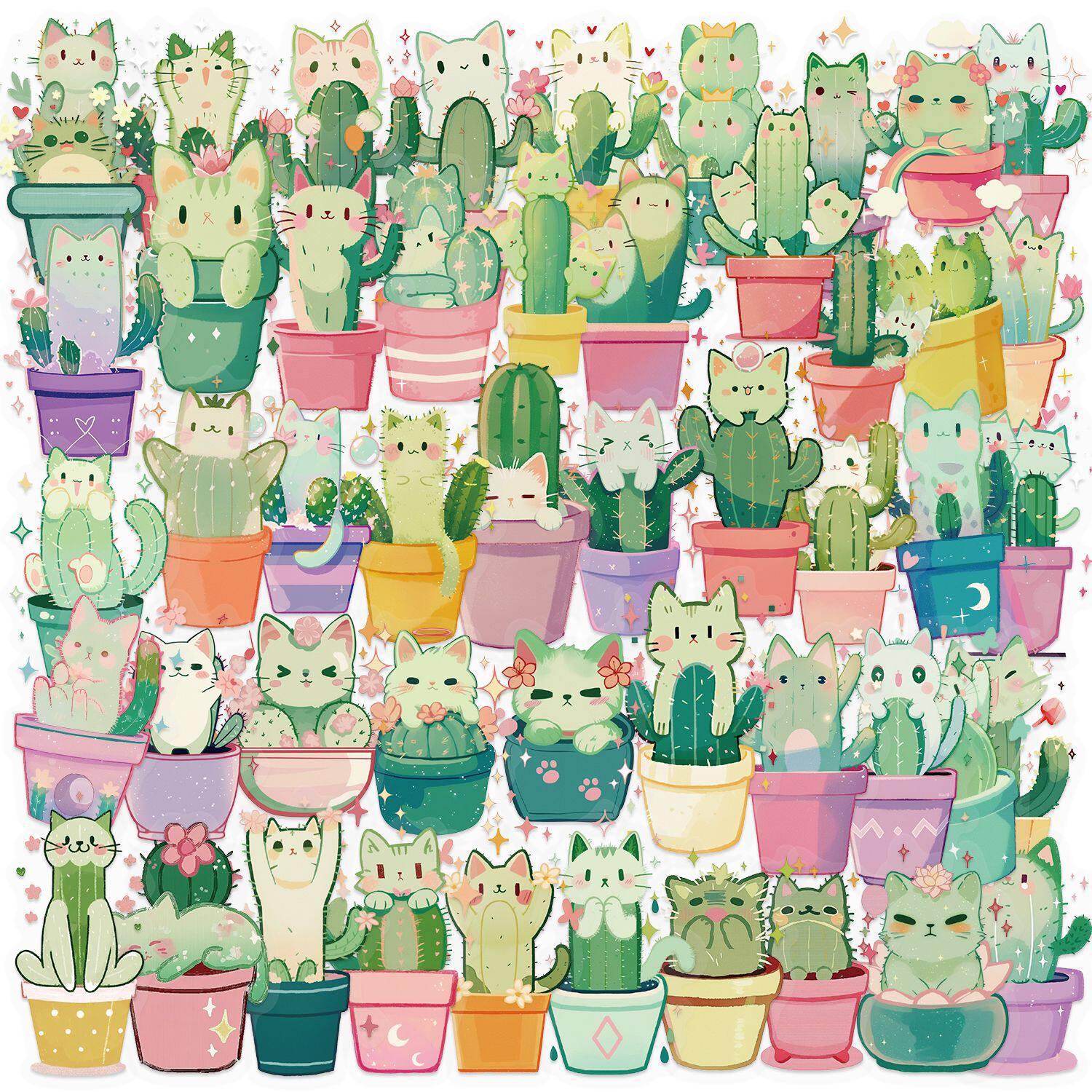 50张猫咪仙人掌卡通创意涂鸦PET贴纸DIY装饰手账本手机壳电脑贴画