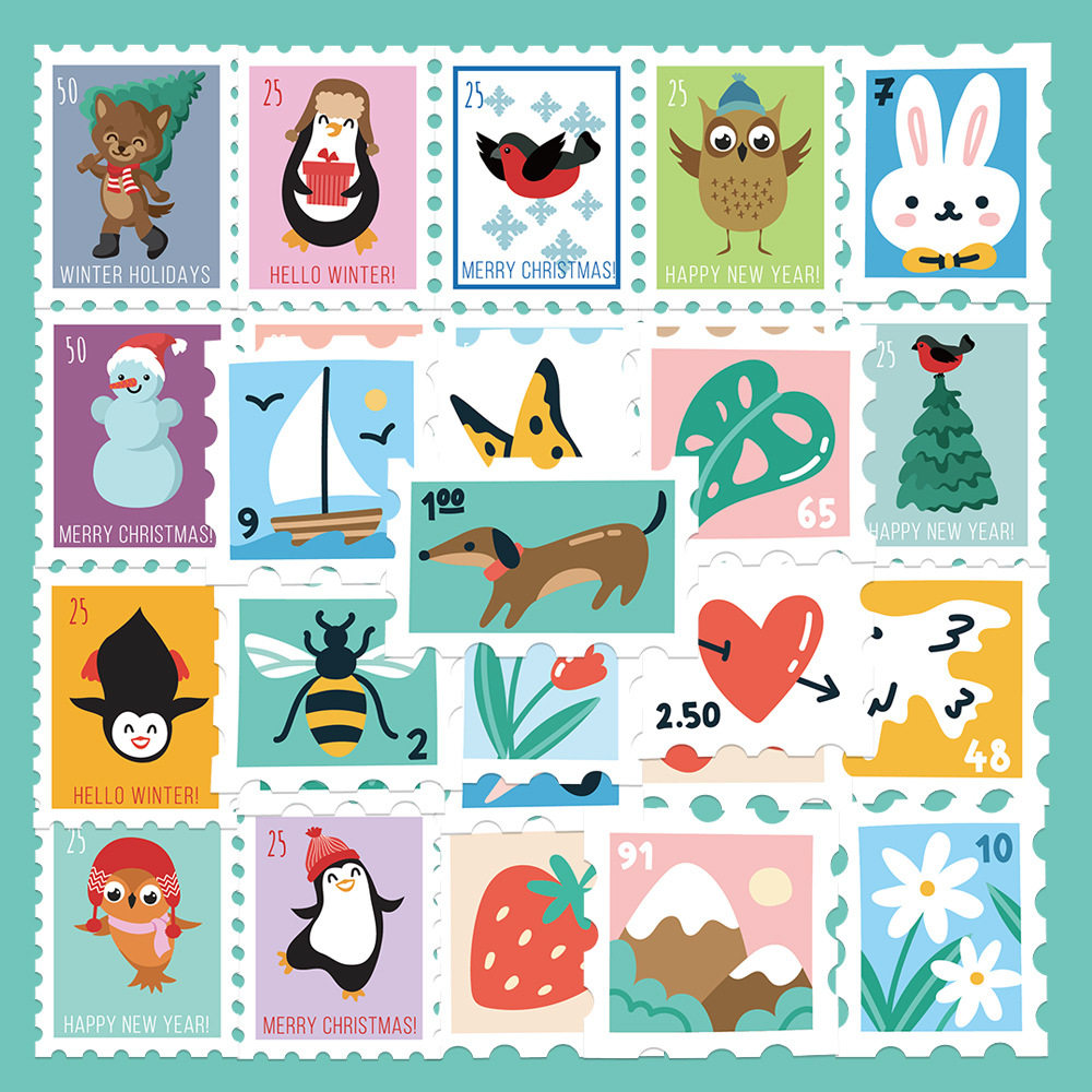 27张ins清新简约邮票贴纸笔记本电脑手账本行李箱头盔防水diy贴画