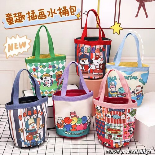 水桶型手提帆布包可爱小狗插画包
