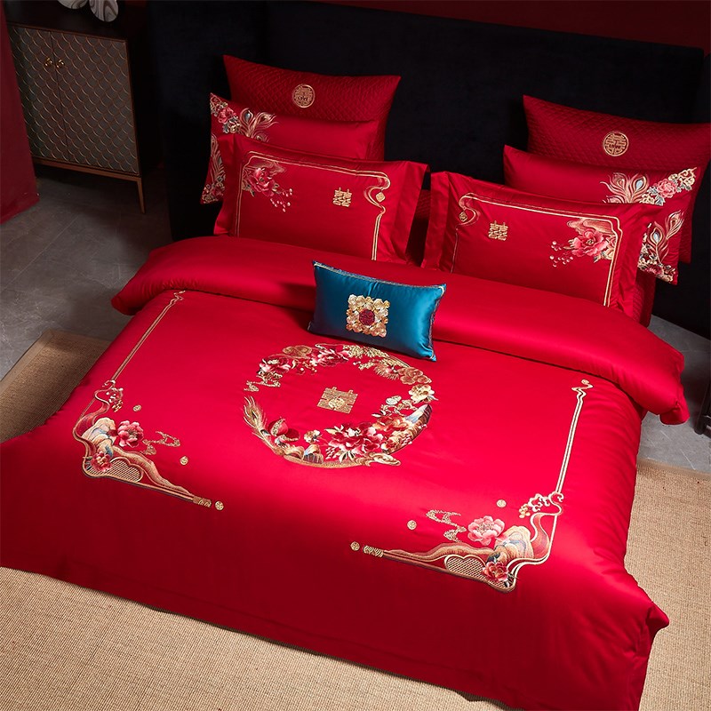 速发罗支家纺高兰中式婚庆四件套大喜红被婚房婚嫁